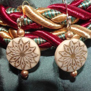 Earrings handmade with  Czech coin beads in starburst design with gold & wheat